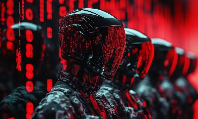 Row of futuristic soldiers with helmets displaying red digital code.