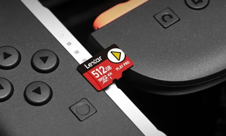 Lexar 512GB MicroSD card inserted into a gaming controller.