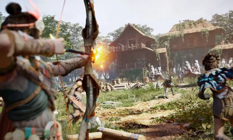 A warrior aims a bow and arrow, firing a flaming projectile at a village.