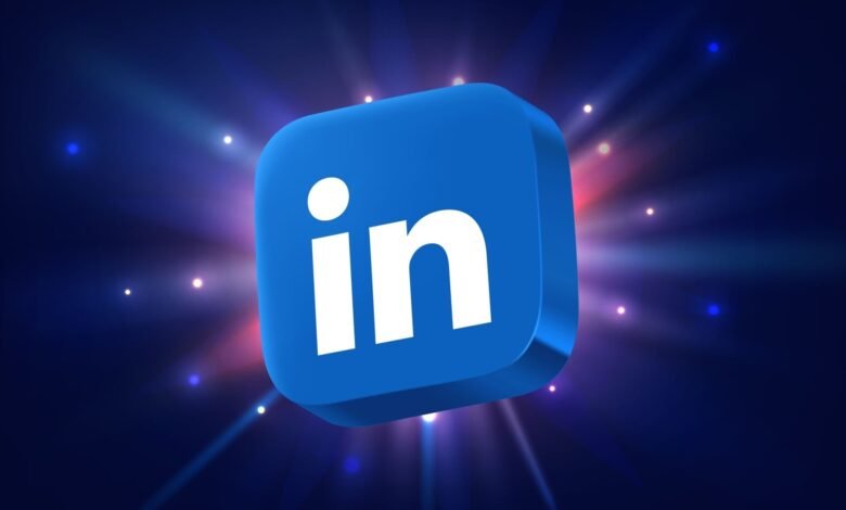 3D rendering of the LinkedIn logo with a blue background and glowing lights.