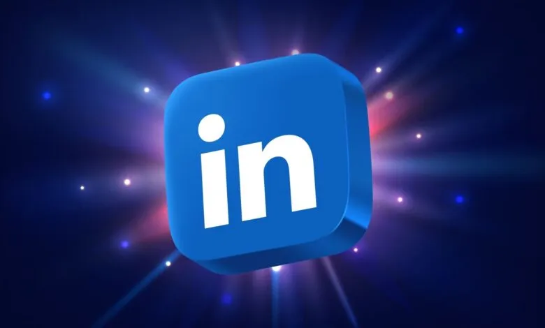 3D rendering of the LinkedIn logo with a blue background and glowing lights.