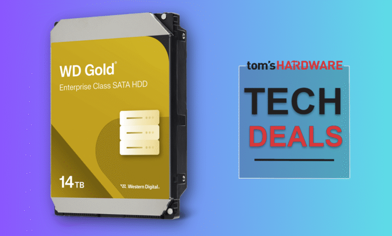 WD Gold 14TB Enterprise Class SATA HDD next to a Tom's Hardware Tech Deals graphic.