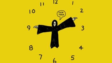 A drawing of the Grim Reaper standing in the center of a clock face, pointing in two directions.