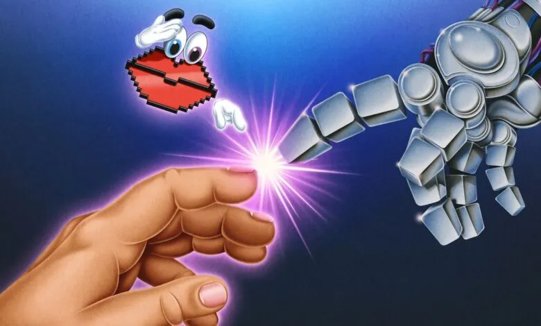 A pixelated heart character reaches out to a robotic hand, creating a spark of light.