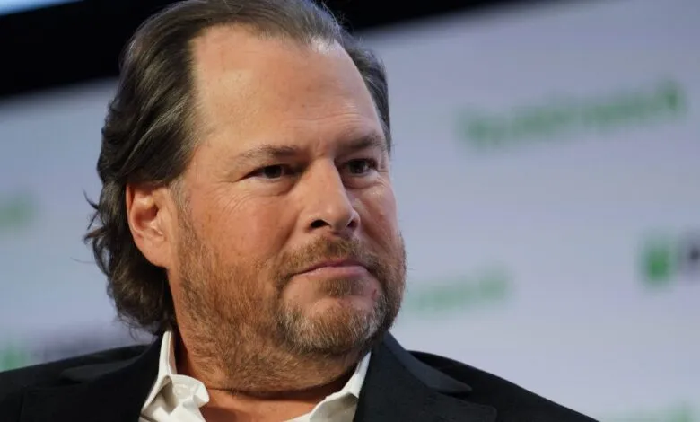 Close-up portrait of Marc Benioff, CEO of Salesforce, looking to the side.