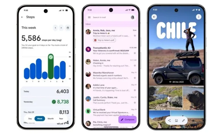 Three smartphone screens displaying Google apps: fitness tracker, email inbox, and photo gallery.