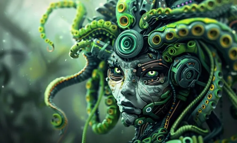 Close-up of a cyborg Medusa with green mechanical tentacles and glowing eyes.