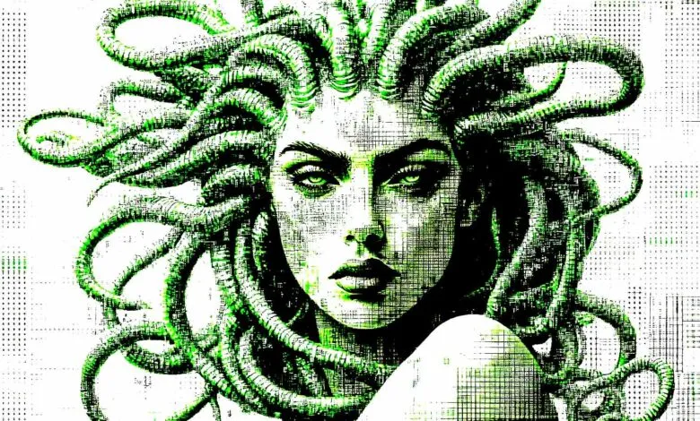 Close-up portrait of Medusa with vibrant green snakes for hair, intense green eyes, and a stylized, textured face.