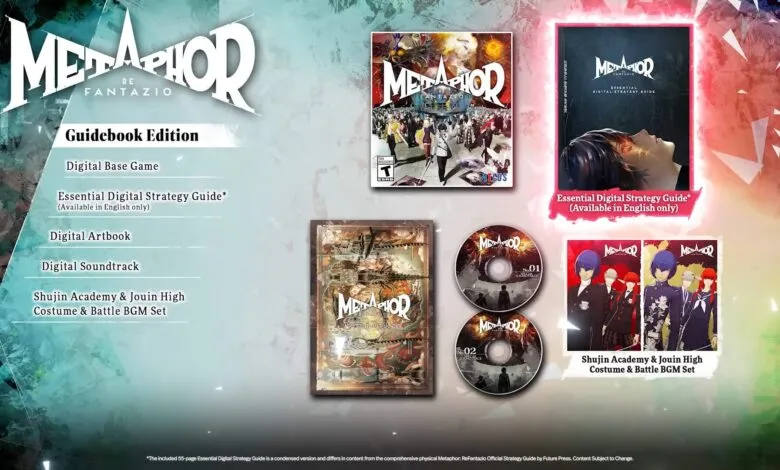 Metaphor: ReFantazio Guidebook Edition game contents including digital base game, strategy guide, artbook, soundtrack, and costume set.