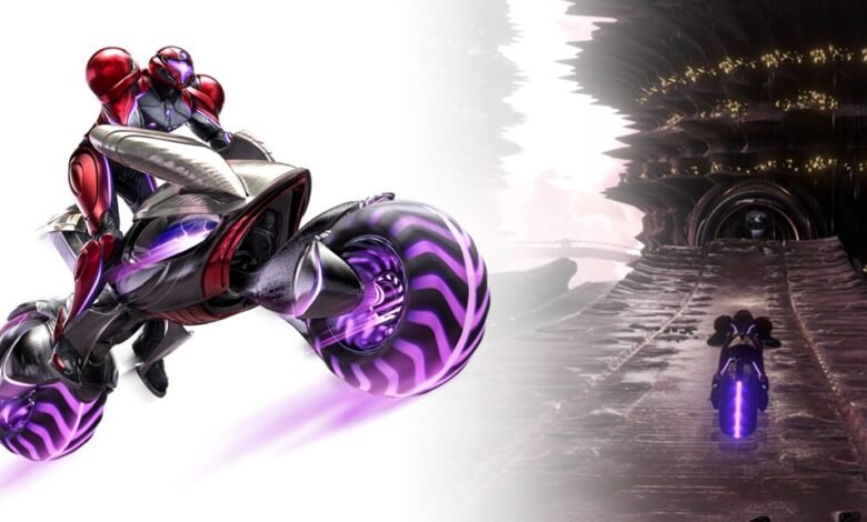 Samus Aran in her Varia Suit riding a futuristic motorcycle with purple accents.