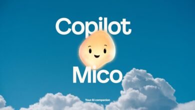 A friendly, glowing character named Mico floats in a bright blue sky with clouds, with the text 'Copilot Mico' above it.