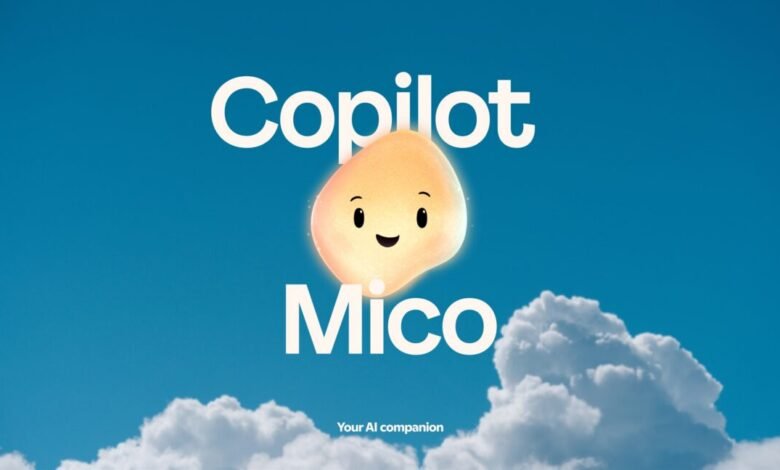 A friendly, glowing character named Mico floats in a bright blue sky with clouds, with the text 'Copilot Mico' above it.