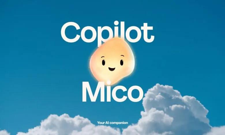 A friendly, glowing character named Mico floats in a bright blue sky with clouds, with the text 'Copilot Mico' above it.