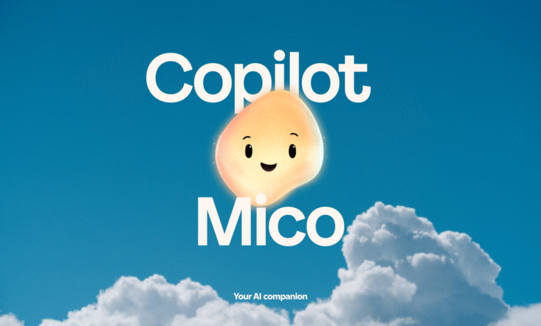 A friendly, glowing character named Mico floats in a bright blue sky with clouds.