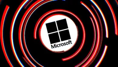 Microsoft logo with a glitch effect and swirling red and blue lines.