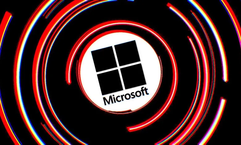Microsoft logo with a glitch effect and swirling red and blue lines.