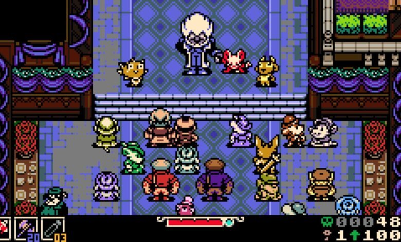 Pixel art scene of characters gathered in a room with a large central figure.