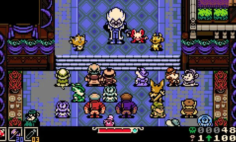 Pixel art scene of characters gathered in a room with a large central figure.