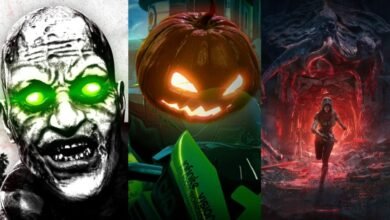 Collage of a zombie, a jack-o'-lantern, and a character in a dark, fiery environment.