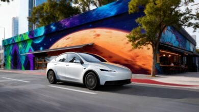 A white Tesla Model Y drives past a building with a vibrant, cosmic-themed mural.