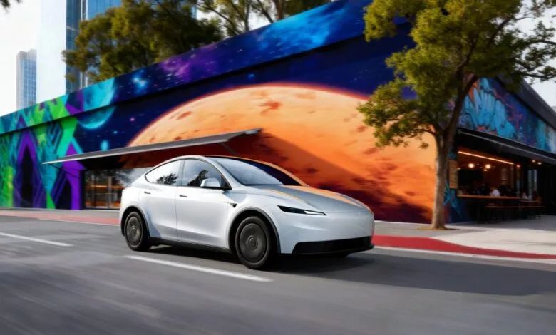 A white Tesla Model Y drives past a building with a vibrant, cosmic-themed mural.