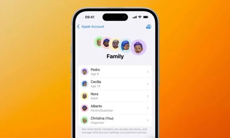 Screenshot of an iPhone displaying the Apple Family Sharing screen with member profiles.