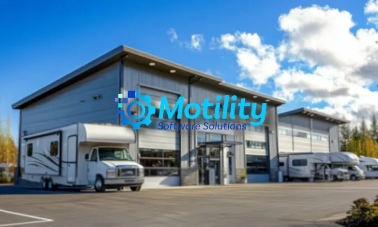 Motility Software Solutions building with RVs parked outside under a blue sky.