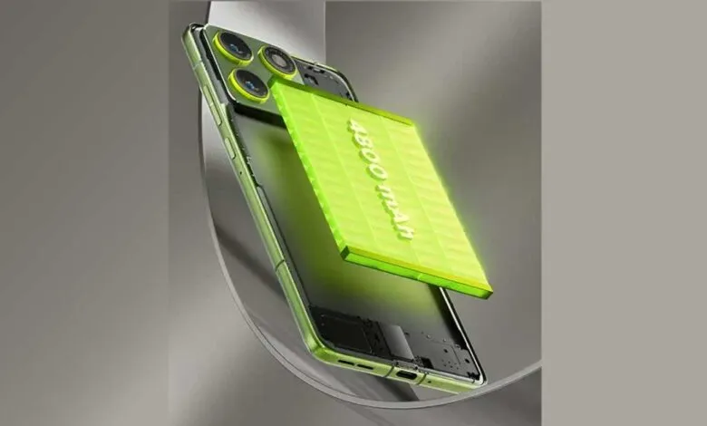 A neon green smartphone with its back panel removed, revealing a large battery.