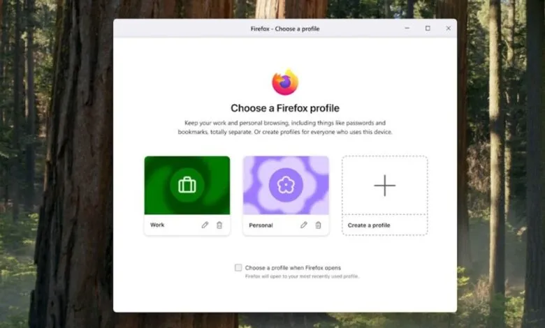 Firefox browser window showing the profile selection screen with Work and Personal options.