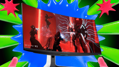Alienware QD-OLED monitor displaying Destiny 2 gameplay with vibrant red and blue graphics.