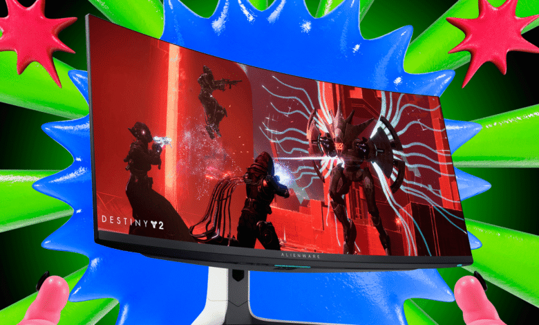 Alienware QD-OLED monitor displaying Destiny 2 gameplay with vibrant red and blue graphics.
