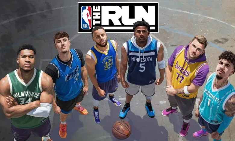 Six NBA players in jerseys stand on a basketball court, looking up.