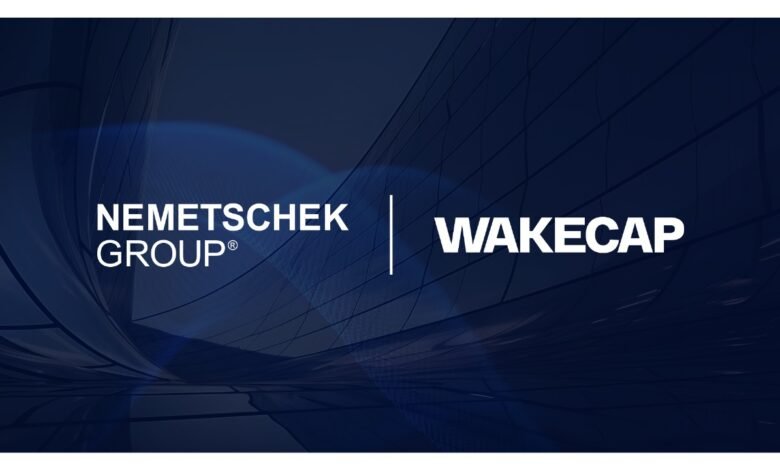 Nemetschek Group and WakeCap logos side-by-side on a dark blue abstract background.