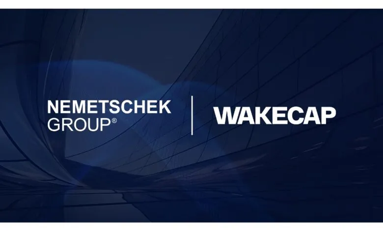 Nemetschek Group and WakeCap logos side-by-side on a dark blue abstract background.