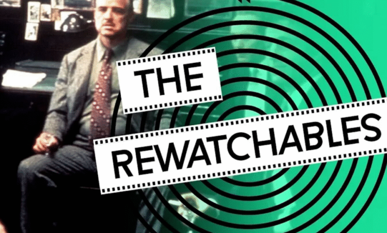 Marlon Brando as Vito Corleone in The Godfather with 'The Rewatchables' title overlay.