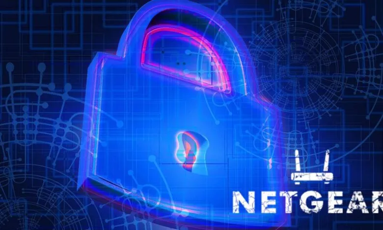 Glowing blue padlock icon with Netgear logo and router silhouette.