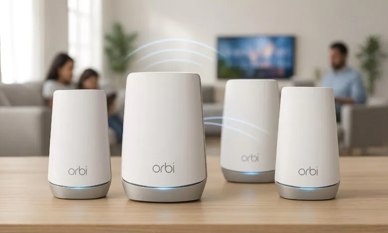 Four white Netgear Orbi mesh WiFi system devices on a wooden table.