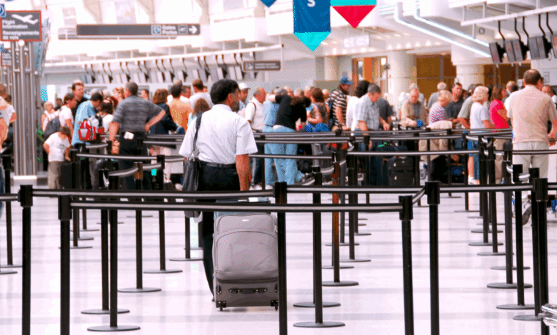 People queuing at airport check-in counters with luggage