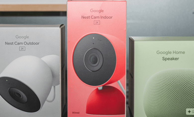 Boxes for Google Nest Cam Outdoor, Nest Cam Indoor, and Google Home Speaker.