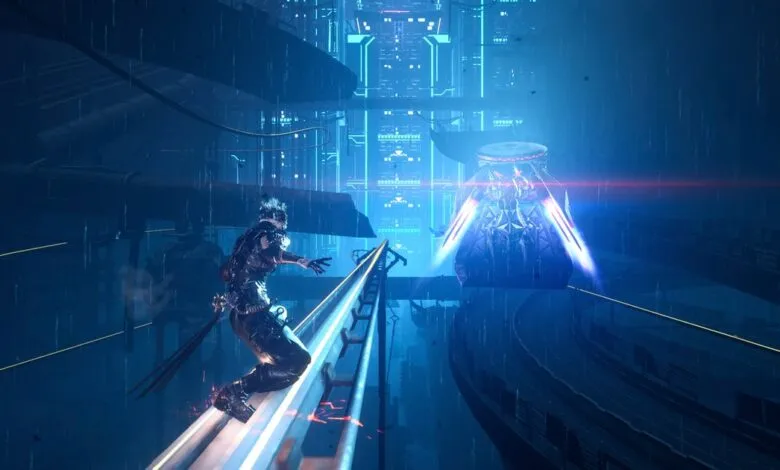 A cybernetic ninja leaps across a futuristic cityscape in the rain.