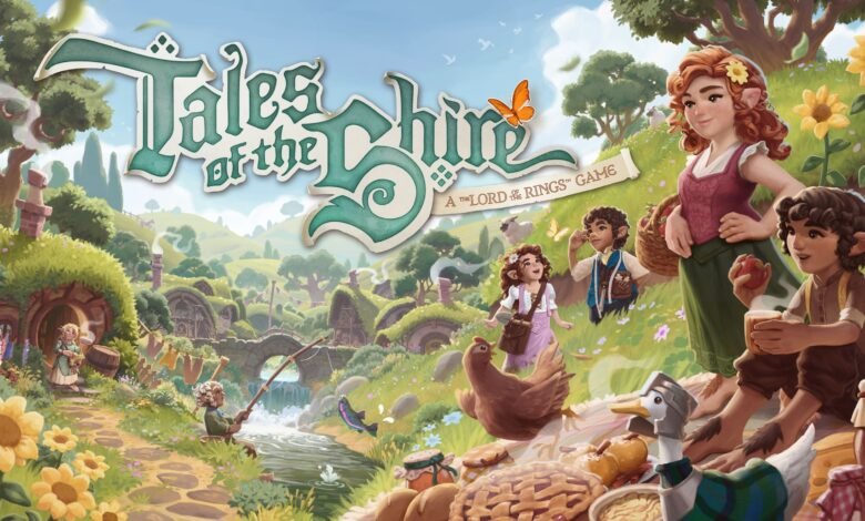 Hobbits enjoying a sunny day in the Shire with pies, fishing, and farming.
