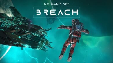 Astronaut in red suit floating in space near a large spaceship, with 'No Man's Sky Breach' logo.