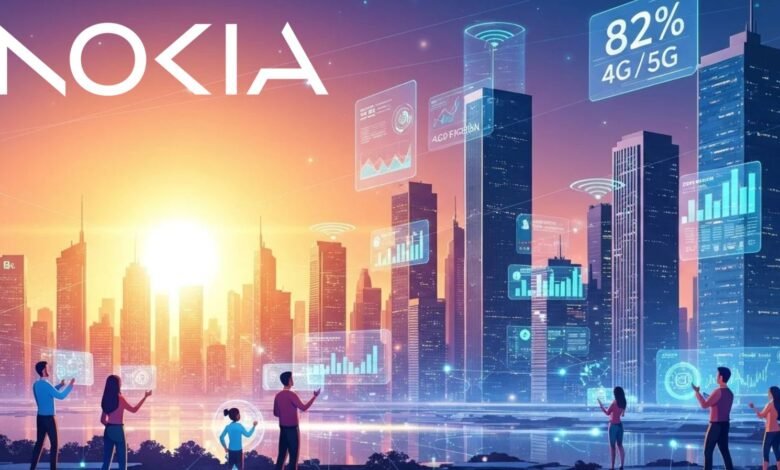 Nokia logo above a futuristic cityscape with people interacting with holographic data displays.