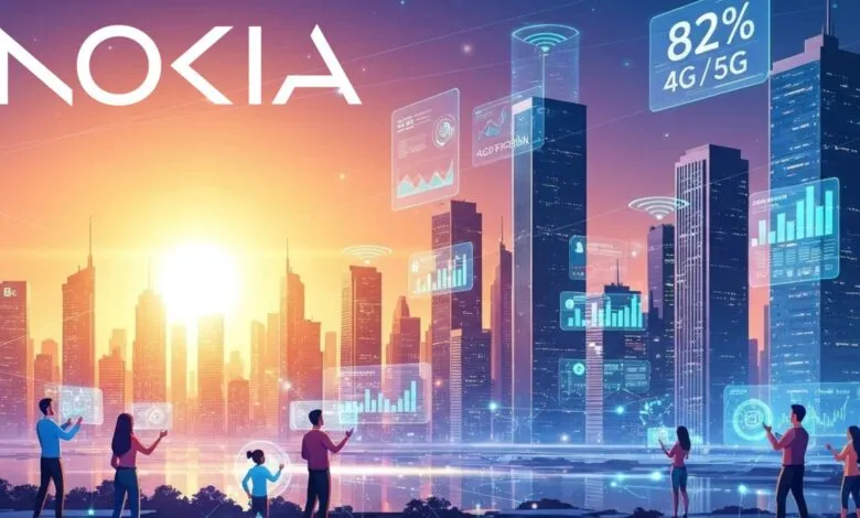 Nokia logo above a futuristic cityscape with people interacting with holographic data displays.