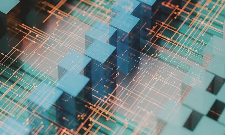 Abstract digital network with glowing lines and cubes