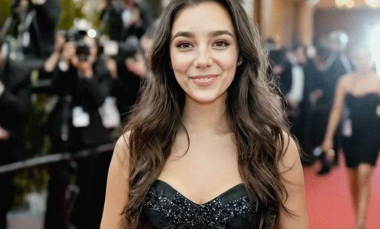 Young woman in a black dress smiles on a red carpet with photographers in the background.
