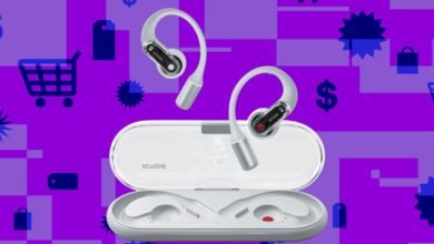 White Nothing Ear (stick) wireless earbuds with charging case on a purple background with shopping icons.