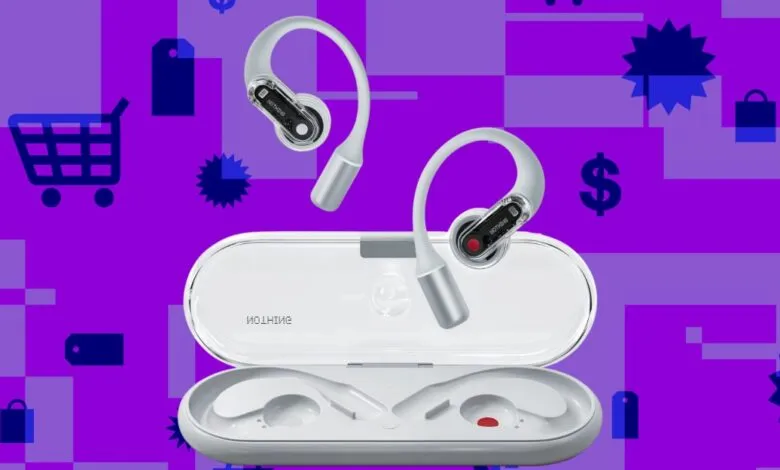 White Nothing Ear (stick) wireless earbuds with charging case on a purple background with shopping icons.