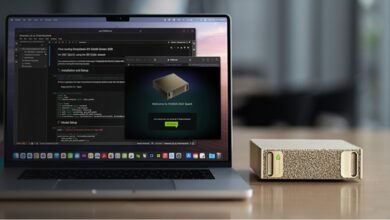 Nvidia DGX Spark device next to a laptop displaying code and setup screen.