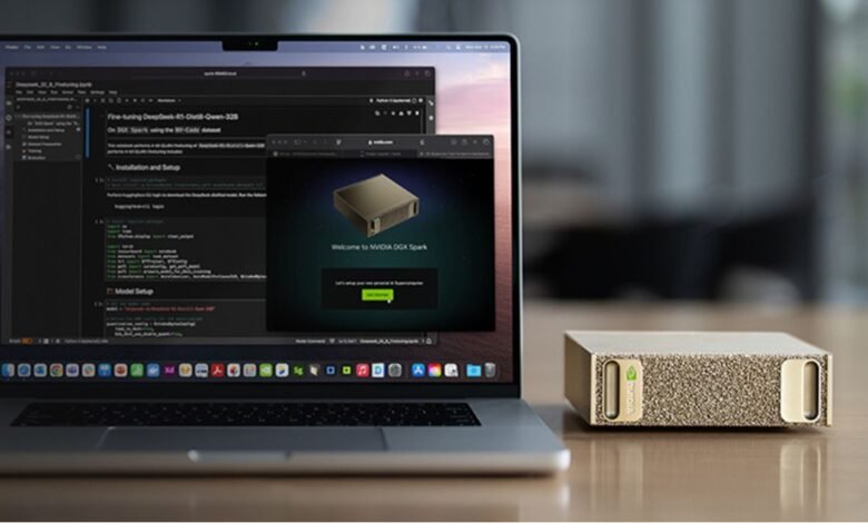 Nvidia DGX Spark device next to a laptop displaying code and setup screen.